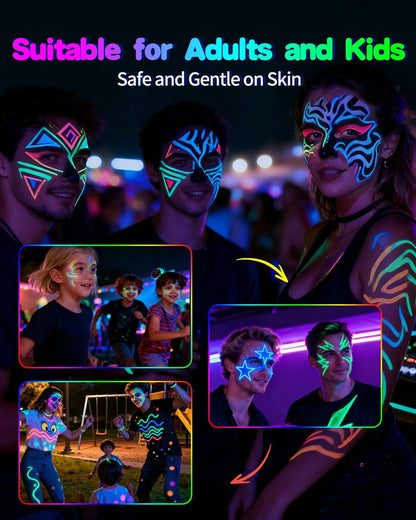 Oiomniv Glow in The Dark Face Paint Markers, 10 Colors UV Neon Body Paint Pens, Waterproof & Skin-Safe Blacklight Tattoo Markers, Washable Temporary Tattoo Pens for Halloween, Music Festivals Parties Avelisse