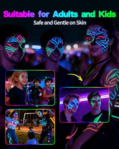 Oiomniv Glow in The Dark Face Paint Markers, 10 Colors UV Neon Body Paint Pens, Waterproof & Skin-Safe Blacklight Tattoo Markers, Washable Temporary Tattoo Pens for Halloween, Music Festivals Parties Avelisse