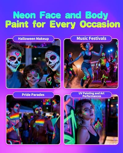 Oiomniv Glow in The Dark Face Paint Markers, 10 Colors UV Neon Body Paint Pens, Waterproof & Skin-Safe Blacklight Tattoo Markers, Washable Temporary Tattoo Pens for Halloween, Music Festivals Parties Avelisse