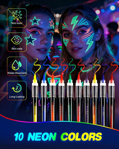Oiomniv Glow in The Dark Face Paint Markers, 10 Colors UV Neon Body Paint Pens, Waterproof & Skin-Safe Blacklight Tattoo Markers, Washable Temporary Tattoo Pens for Halloween, Music Festivals Parties Avelisse