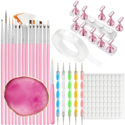 15pcs Pink Nail Art Brushes, 5pcs Dual-Ended Dotting Pens, 10 Nail Stands with 2 Bases, Nail Art Palette, Double-Sided Tape & Adhesive Tabs – Complete DIY Nail Design Set by HHOOMY - görsel 2