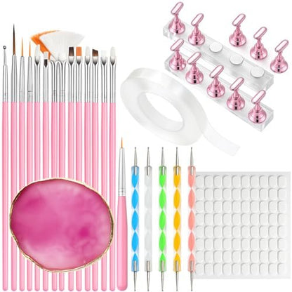 15pcs Pink Nail Art Brushes, 5pcs Dual-Ended Dotting Pens, 10 Nail Stands with 2 Bases, Nail Art Palette, Double-Sided Tape & Adhesive Tabs – Complete DIY Nail Design Set by HHOOMY
