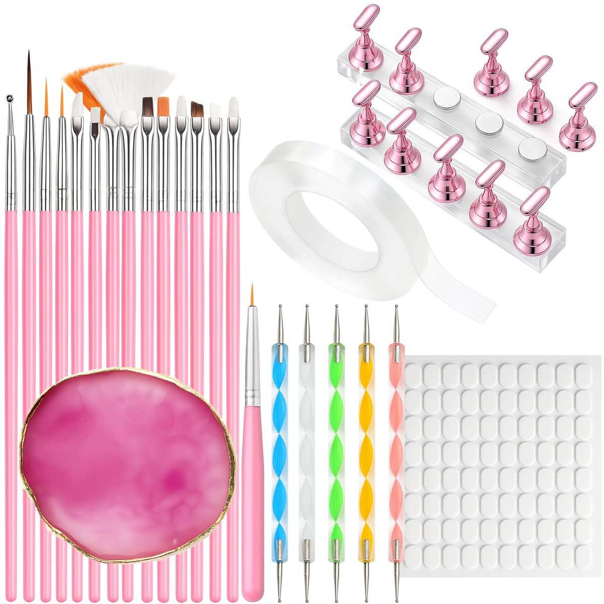 15pcs Pink Nail Art Brushes, 5pcs Dual-Ended Dotting Pens, 10 Nail Stands with 2 Bases, Nail Art Palette, Double-Sided Tape & Adhesive Tabs – Complete DIY Nail Design Set by HHOOMY - görsel 1