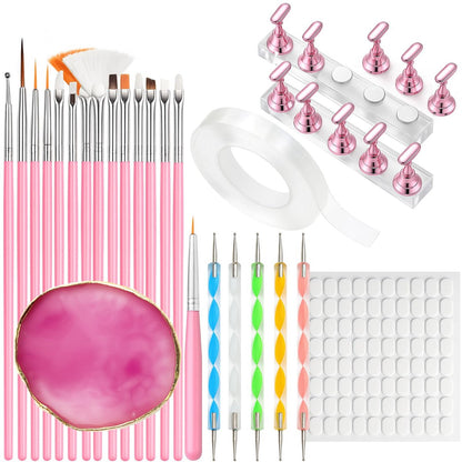 15pcs Pink Nail Art Brushes, 5pcs Dual-Ended Dotting Pens, 10 Nail Stands with 2 Bases, Nail Art Palette, Double-Sided Tape & Adhesive Tabs – Complete DIY Nail Design Set by HHOOMY