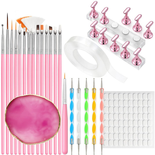 15pcs Pink Nail Art Brushes, 5pcs Dual-Ended Dotting Pens, 10 Nail Stands with 2 Bases, Nail Art Palette, Double-Sided Tape & Adhesive Tabs – Complete DIY Nail Design Set by HHOOMY