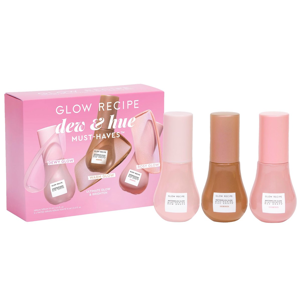 Glow Recipe Dew & Hues Must-Haves Limited Edition Travel Size Gift Set - Niacinamide Dew Drops, Hue Drops Sun Glow & Rosy Glow (15ml Trio) Avelisse