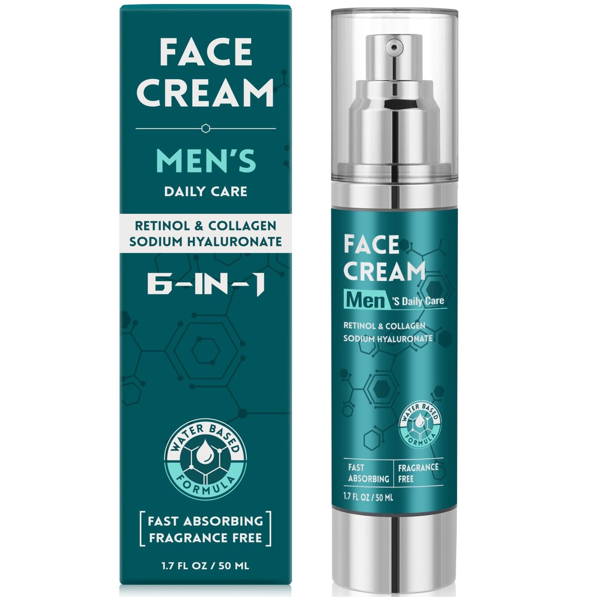 6-in-1 Face Cream for Men: Hydrating Water Based Moisturizer with Retinol, Collagen, Sodium Hyaluronate - Anti Aging Day and Night Cream (1.7 Fl Oz) Avelisse