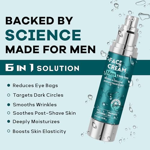 6-in-1 Face Cream for Men: Hydrating Water Based Moisturizer with Retinol, Collagen, Sodium Hyaluronate - Anti Aging Day and Night Cream (1.7 Fl Oz) Avelisse