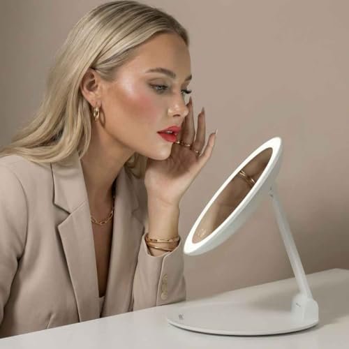 Fancii 10x Travel Magnifying Makeup Mirror with Lights, Rechargeable, Height Adjustable 8" Stand, 3 Dimmable Color Modes (Abigail) - White Avelisse