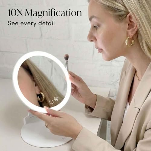 Fancii 10x Travel Magnifying Makeup Mirror with Lights, Rechargeable, Height Adjustable 8" Stand, 3 Dimmable Color Modes (Abigail) - White Avelisse