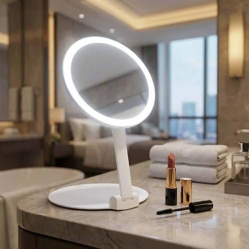 Fancii 10x Travel Magnifying Makeup Mirror with Lights, Rechargeable, Height Adjustable 8" Stand, 3 Dimmable Color Modes (Abigail) - White Avelisse