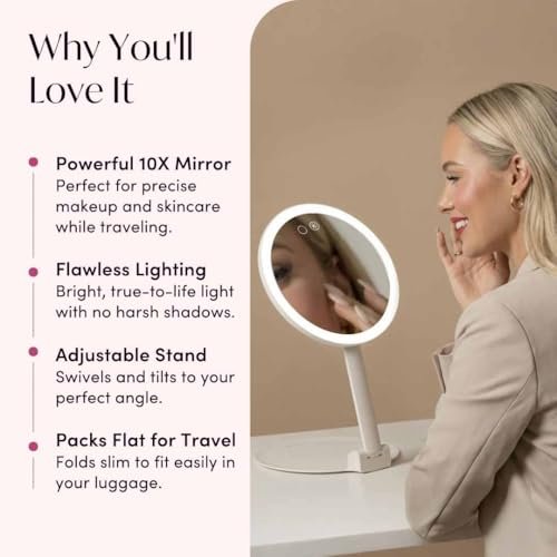 Fancii 10x Travel Magnifying Makeup Mirror with Lights, Rechargeable, Height Adjustable 8" Stand, 3 Dimmable Color Modes (Abigail) - White Avelisse