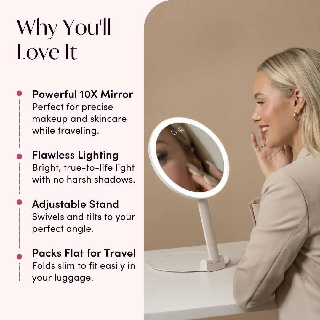 Fancii 10x Travel Magnifying Makeup Mirror with Lights, Rechargeable, Height Adjustable 8" Stand, 3 Dimmable Color Modes (Abigail) - White Avelisse