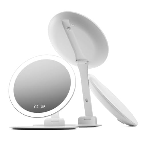 Fancii 10x Travel Magnifying Makeup Mirror with Lights, Rechargeable, Height Adjustable 8" Stand, 3 Dimmable Color Modes (Abigail) - White Avelisse