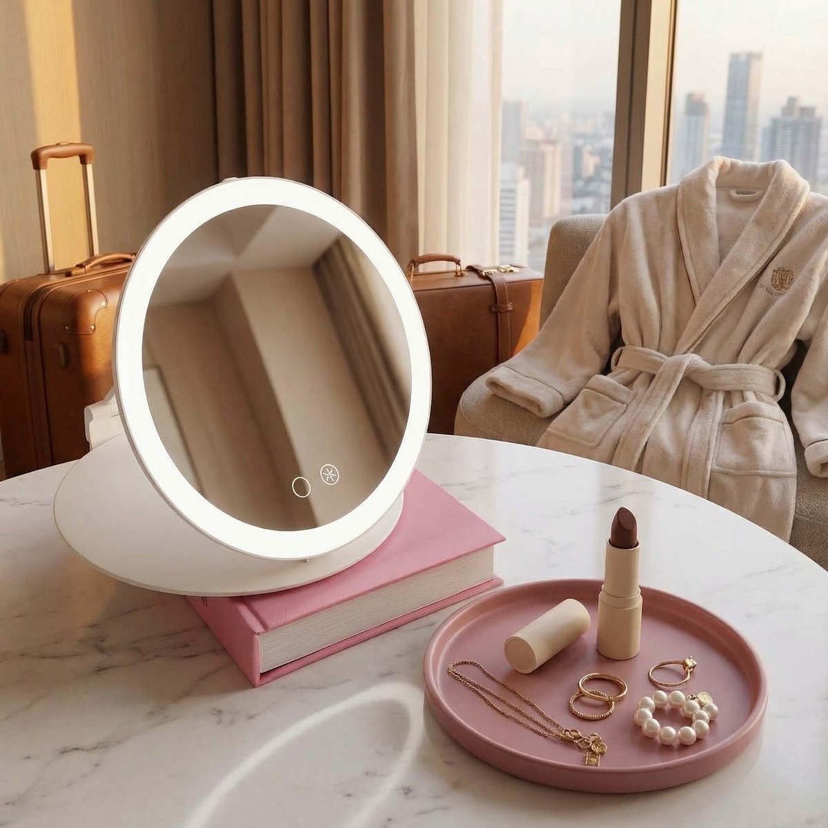 Fancii 10x Travel Magnifying Makeup Mirror with Lights, Rechargeable, Height Adjustable 8" Stand, 3 Dimmable Color Modes (Abigail) - White Avelisse