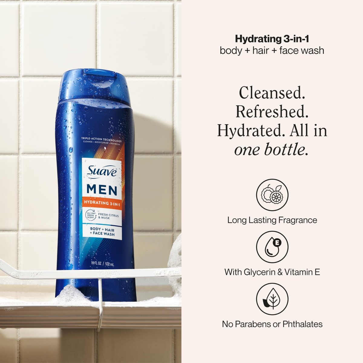Suave Men Hydrating 3-in-1 Body + Hair + Face Wash with Glycerin & Vitamin E, 18 FL OZ - görsel 3