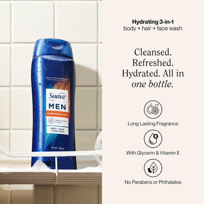Suave Men Hydrating 3-in-1 Body + Hair + Face Wash with Glycerin & Vitamin E, 18 FL OZ