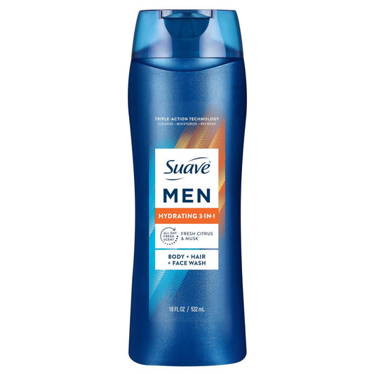 Suave Men Hydrating 3-in-1 Body + Hair + Face Wash with Glycerin & Vitamin E, 18 FL OZ
