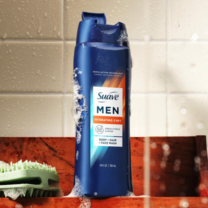 Suave Men Hydrating 3-in-1 Body + Hair + Face Wash with Glycerin & Vitamin E, 18 FL OZ