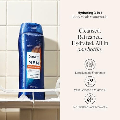 Suave Men Hydrating 3-in-1 Body + Hair + Face Wash with Glycerin & Vitamin E, 18 FL OZ