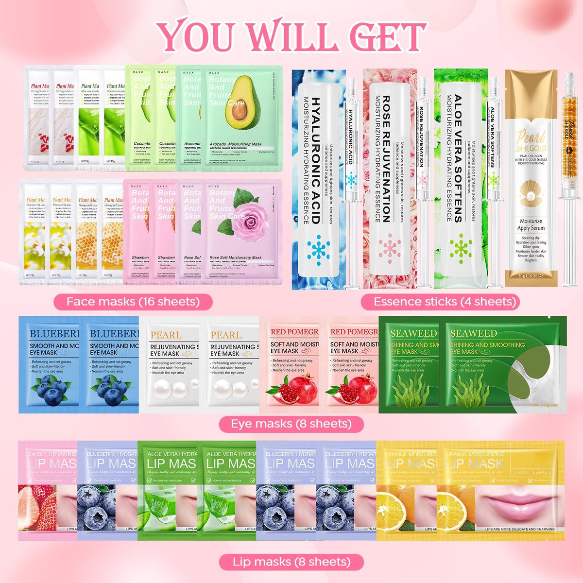 36-Piece Face Mask Skin Care Set for Women – Moisturizing & Hydrating Sheet Masks, Lip Patches, Eye Patches, Face Essence – Spa Gift Set for Self Care, Valentine's Day, Mother's Day, Birthday Avelisse
