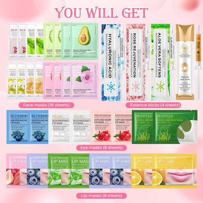 36-Piece Face Mask Skin Care Set for Women – Moisturizing & Hydrating Sheet Masks, Lip Patches, Eye Patches, Face Essence – Spa Gift Set for Self Care, Valentine's Day, Mother's Day, Birthday Avelisse