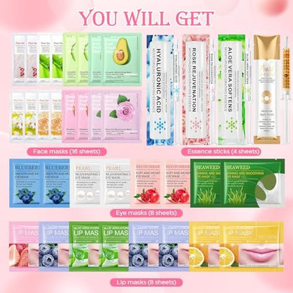 36-Piece Face Mask Skin Care Set for Women – Moisturizing & Hydrating Sheet Masks, Lip Patches, Eye Patches, Face Essence – Spa Gift Set for Self Care, Valentine's Day, Mother's Day, Birthday Avelisse