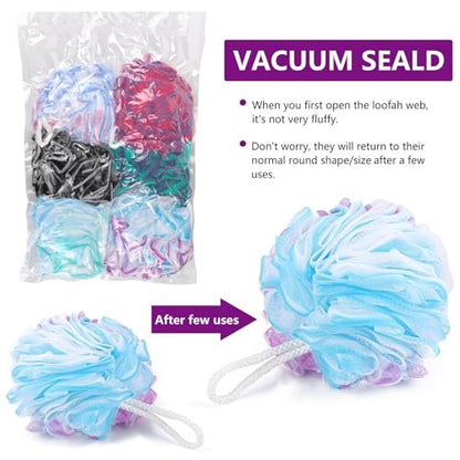 6 Pack Bath Loofah Sponge - XXL Large Mesh Pouf Shower Sponge Exfoliating Body Scrubber Shower Scrunchies