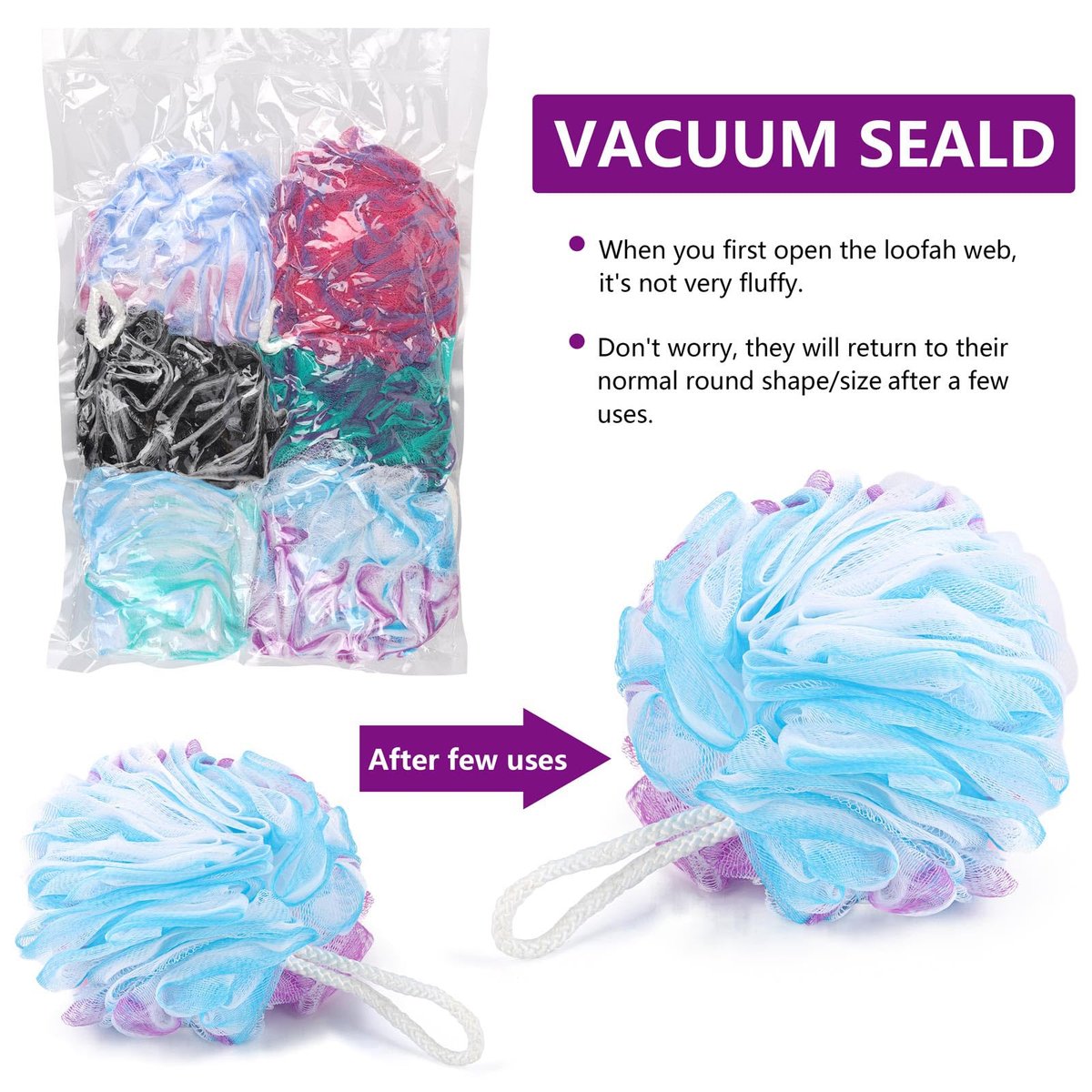 6 Pack Bath Loofah Sponge - XXL Large Mesh Pouf Shower Sponge Exfoliating Body Scrubber Shower Scrunchies - görsel 11