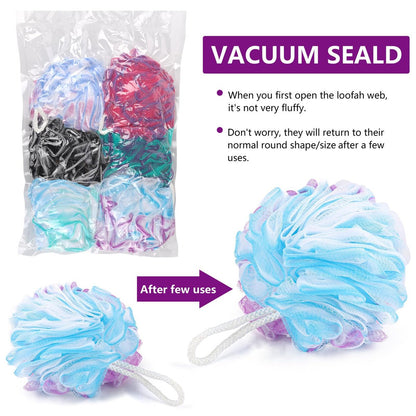 6 Pack Bath Loofah Sponge - XXL Large Mesh Pouf Shower Sponge Exfoliating Body Scrubber Shower Scrunchies