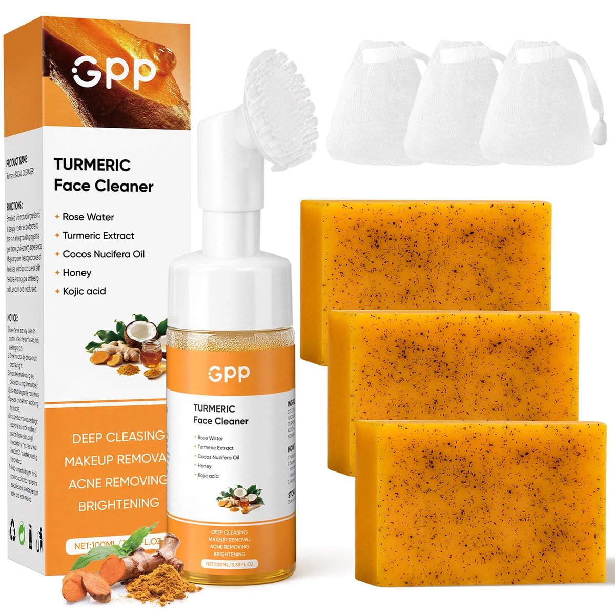 4Pcs Turmeric Soap & Turmeric Face Wash with Brush Skin Care Set - Lemon Turmeric Soap for Face & Body, Daily Facial Cleanser for All Skin Types, Deep Cleansing Turmeric Wash and Care Set Avelisse