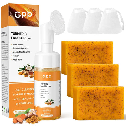 4Pcs Turmeric Soap & Turmeric Face Wash with Brush Skin Care Set - Lemon Turmeric Soap for Face & Body, Daily Facial Cleanser for All Skin Types, Deep Cleansing Turmeric Wash and Care Set Avelisse
