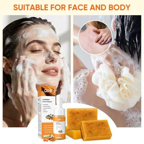 4Pcs Turmeric Soap & Turmeric Face Wash with Brush Skin Care Set - Lemon Turmeric Soap for Face & Body, Daily Facial Cleanser for All Skin Types, Deep Cleansing Turmeric Wash and Care Set Avelisse