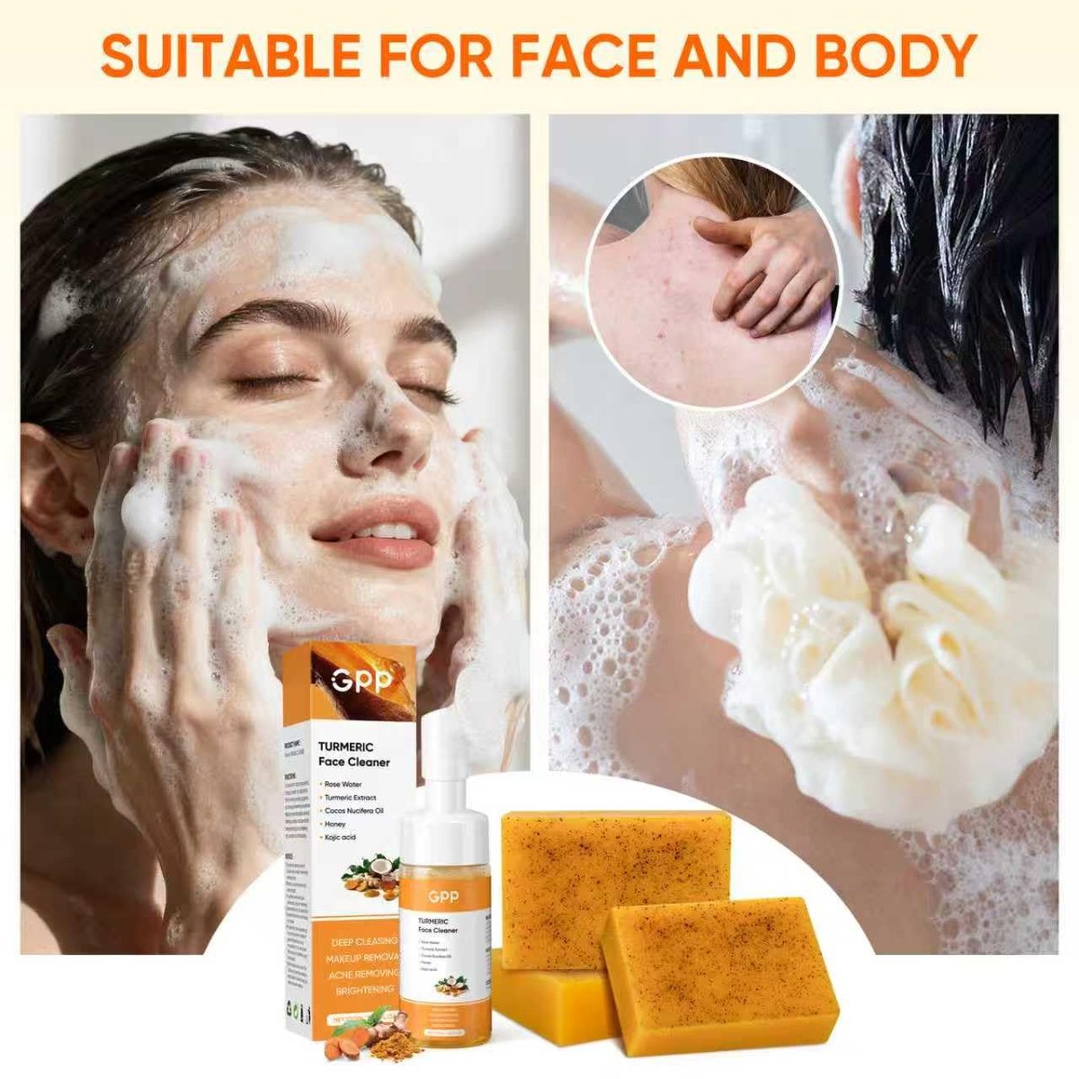 4Pcs Turmeric Soap & Turmeric Face Wash with Brush Skin Care Set - Lemon Turmeric Soap for Face & Body, Daily Facial Cleanser for All Skin Types, Deep Cleansing Turmeric Wash and Care Set Avelisse