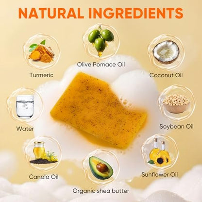 4Pcs Turmeric Soap & Turmeric Face Wash with Brush Skin Care Set - Lemon Turmeric Soap for Face & Body, Daily Facial Cleanser for All Skin Types, Deep Cleansing Turmeric Wash and Care Set Avelisse