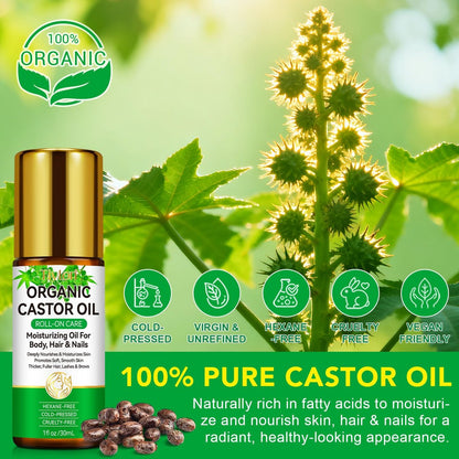 ISUNRISE Organic Castor Oil Roll On - 100% Pure, Hexane Free, Cold Pressed, 1 fl oz - for Belly, Face, Under Eyes, Body, Skin and Hair