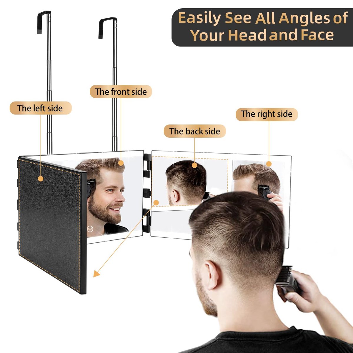 XIGETRAIL Rechargeable 3 Way Mirror for Self Hair Cutting with 8 Light Strips & Telescoping Hooks - Trifold Barber Mirror for Makeup, Shaving, Braiding & Styling (Black, 12" x 7.7") Avelisse