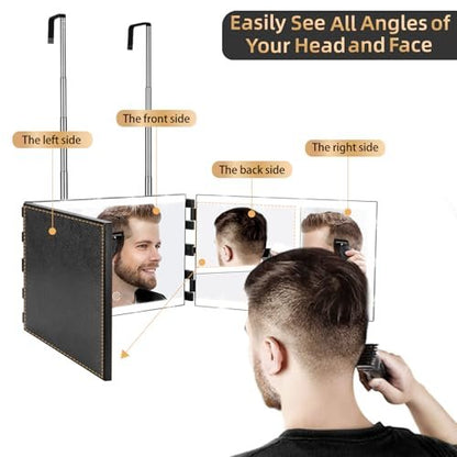 XIGETRAIL Rechargeable 3 Way Mirror for Self Hair Cutting with 8 Light Strips & Telescoping Hooks - Trifold Barber Mirror for Makeup, Shaving, Braiding & Styling (Black, 12" x 7.7") Avelisse