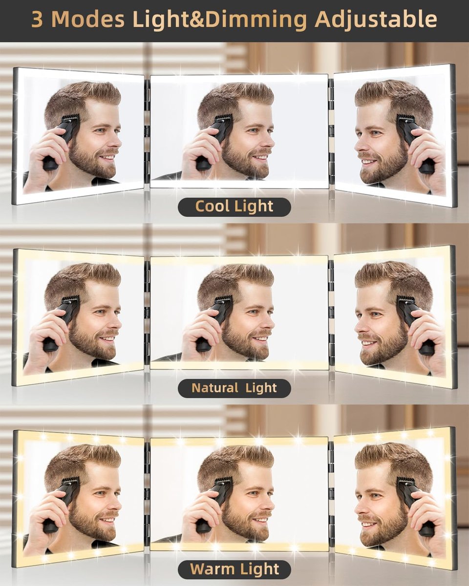 XIGETRAIL Rechargeable 3 Way Mirror for Self Hair Cutting with 8 Light Strips & Telescoping Hooks - Trifold Barber Mirror for Makeup, Shaving, Braiding & Styling (Black, 12" x 7.7") Avelisse
