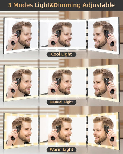 XIGETRAIL Rechargeable 3 Way Mirror for Self Hair Cutting with 8 Light Strips & Telescoping Hooks - Trifold Barber Mirror for Makeup, Shaving, Braiding & Styling (Black, 12" x 7.7") Avelisse