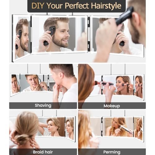 XIGETRAIL Rechargeable 3 Way Mirror for Self Hair Cutting with 8 Light Strips & Telescoping Hooks - Trifold Barber Mirror for Makeup, Shaving, Braiding & Styling (Black, 12" x 7.7") Avelisse