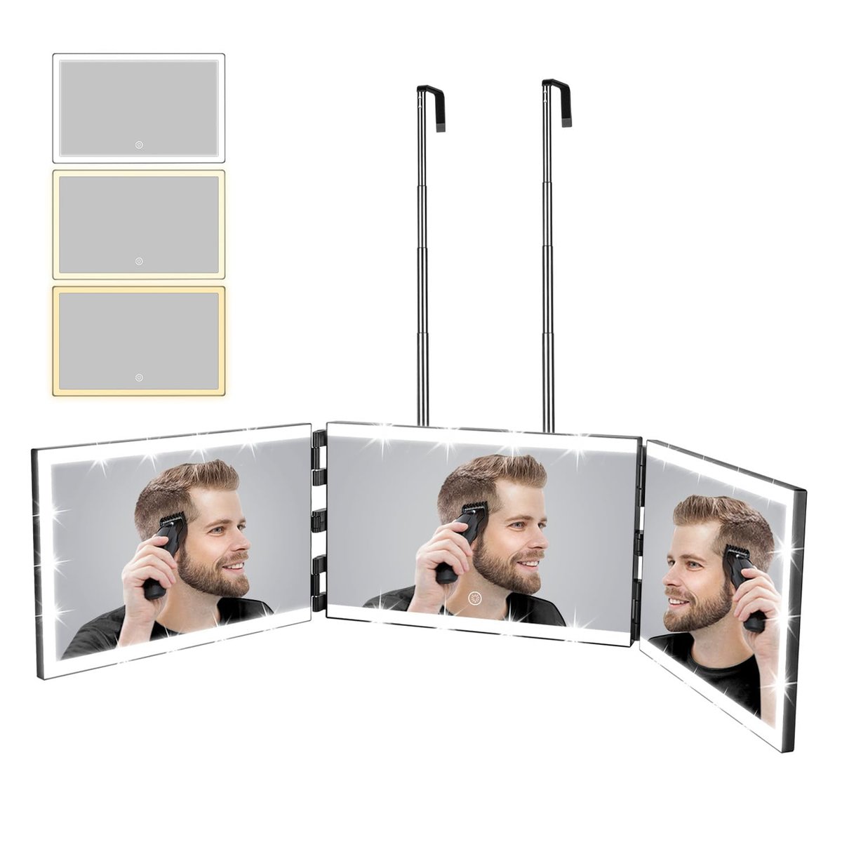 XIGETRAIL Rechargeable 3 Way Mirror for Self Hair Cutting with 8 Light Strips & Telescoping Hooks - Trifold Barber Mirror for Makeup, Shaving, Braiding & Styling (Black, 12" x 7.7") Avelisse
