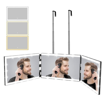 XIGETRAIL Rechargeable 3 Way Mirror for Self Hair Cutting with 8 Light Strips & Telescoping Hooks - Trifold Barber Mirror for Makeup, Shaving, Braiding & Styling (Black, 12" x 7.7") Avelisse