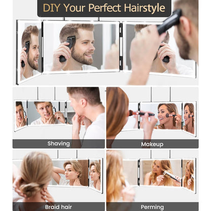 XIGETRAIL Rechargeable 3 Way Mirror for Self Hair Cutting with 8 Light Strips & Telescoping Hooks - Trifold Barber Mirror for Makeup, Shaving, Braiding & Styling (Black, 12" x 7.7") Avelisse