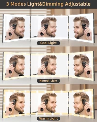 XIGETRAIL Rechargeable 3 Way Mirror for Self Hair Cutting with 8 Light Strips & Telescoping Hooks - Trifold Barber Mirror for Makeup, Shaving, Braiding & Styling (Black, 12" x 7.7") Avelisse