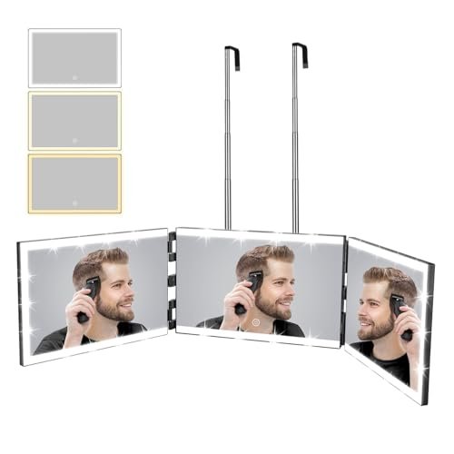 XIGETRAIL Rechargeable 3 Way Mirror for Self Hair Cutting with 8 Light Strips & Telescoping Hooks - Trifold Barber Mirror for Makeup, Shaving, Braiding & Styling (Black, 12" x 7.7") Avelisse