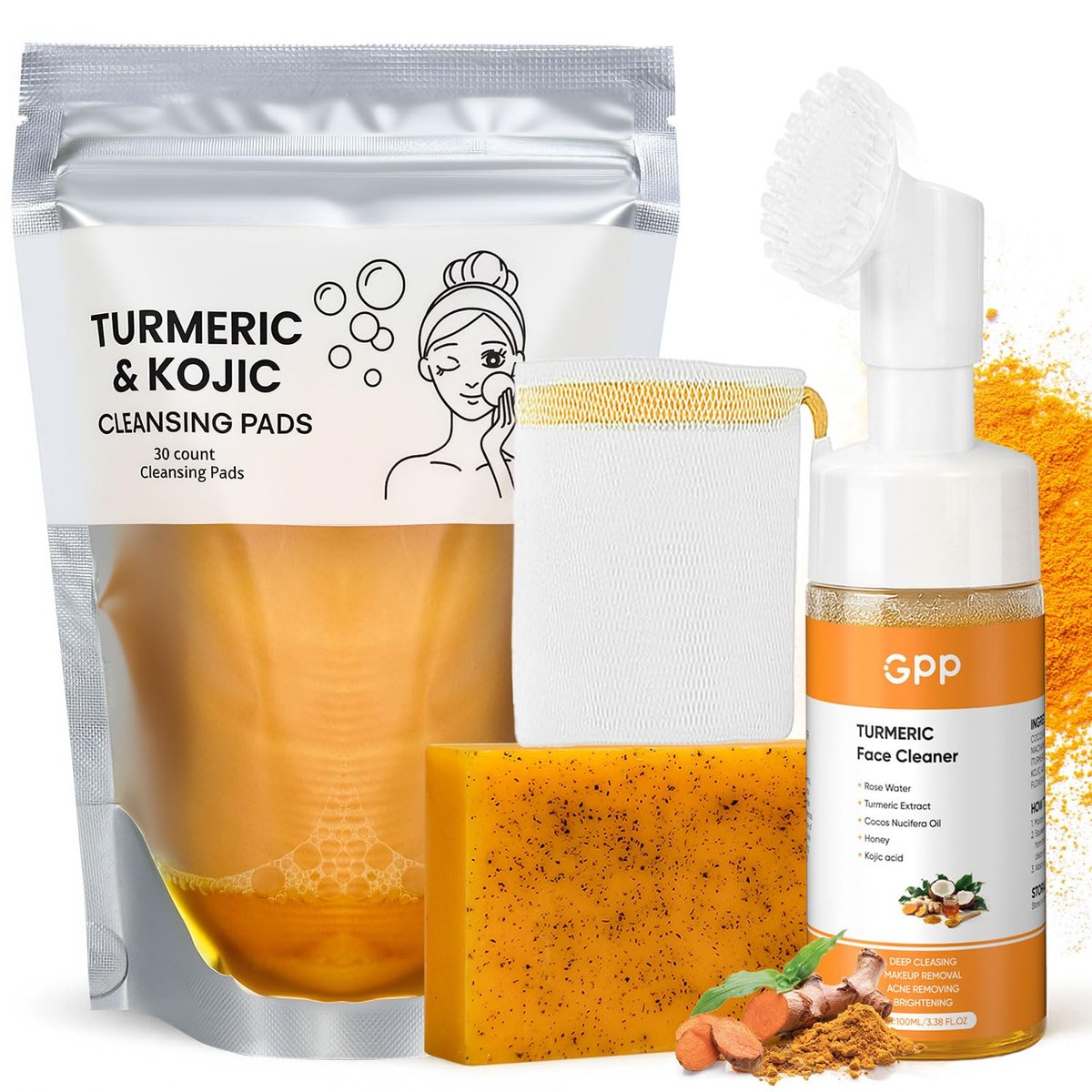 Turmeric Glow Skin Care Set: Soap, Face Wash & Cleansing Pads (30 Pads) for Radiant Skin Avelisse