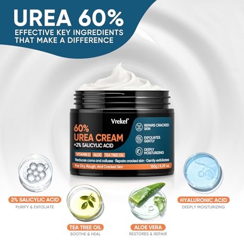 VREKEF Urea Cream 60% Plus Salicylic Acid 2% - Maximum Strength Foot Cream for Dry Heels and Cracked Skin, 5.29 oz Avelisse
