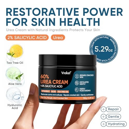 VREKEF Urea Cream 60% Plus Salicylic Acid 2% - Maximum Strength Foot Cream for Dry Heels and Cracked Skin, 5.29 oz Avelisse