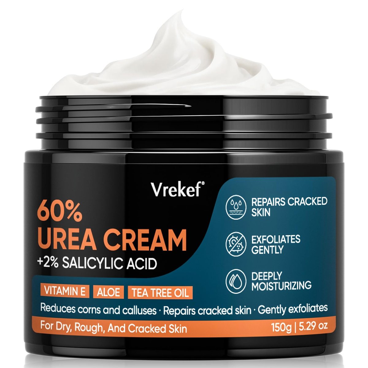 VREKEF Urea Cream 60% Plus Salicylic Acid 2% - Maximum Strength Foot Cream for Dry Heels and Cracked Skin, 5.29 oz Avelisse